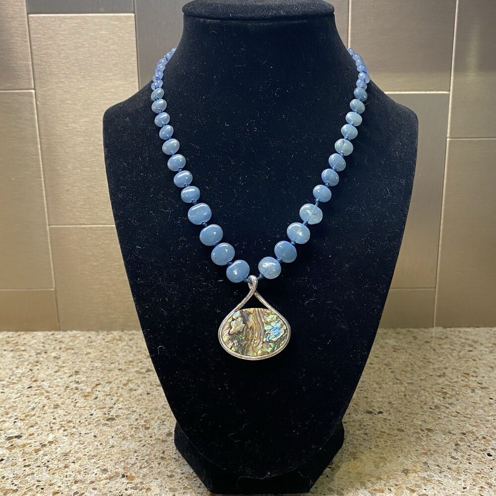 MONET Vintage Blue Beaded Necklace with Abalone Shell Pendant Signed